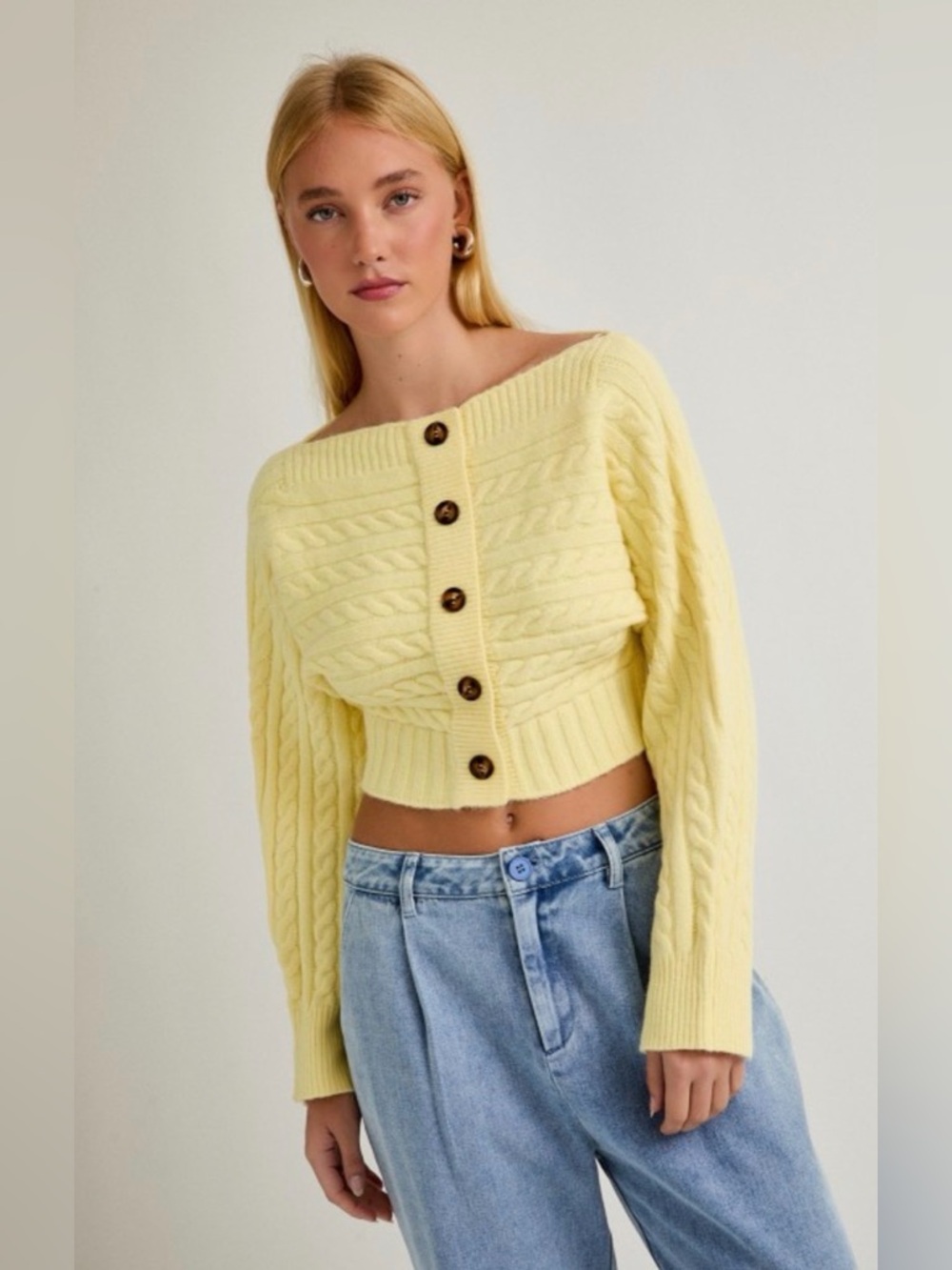 81. Le Lis Cropped Off-the-Shoulder Cable-Knit Sweater - Yellow